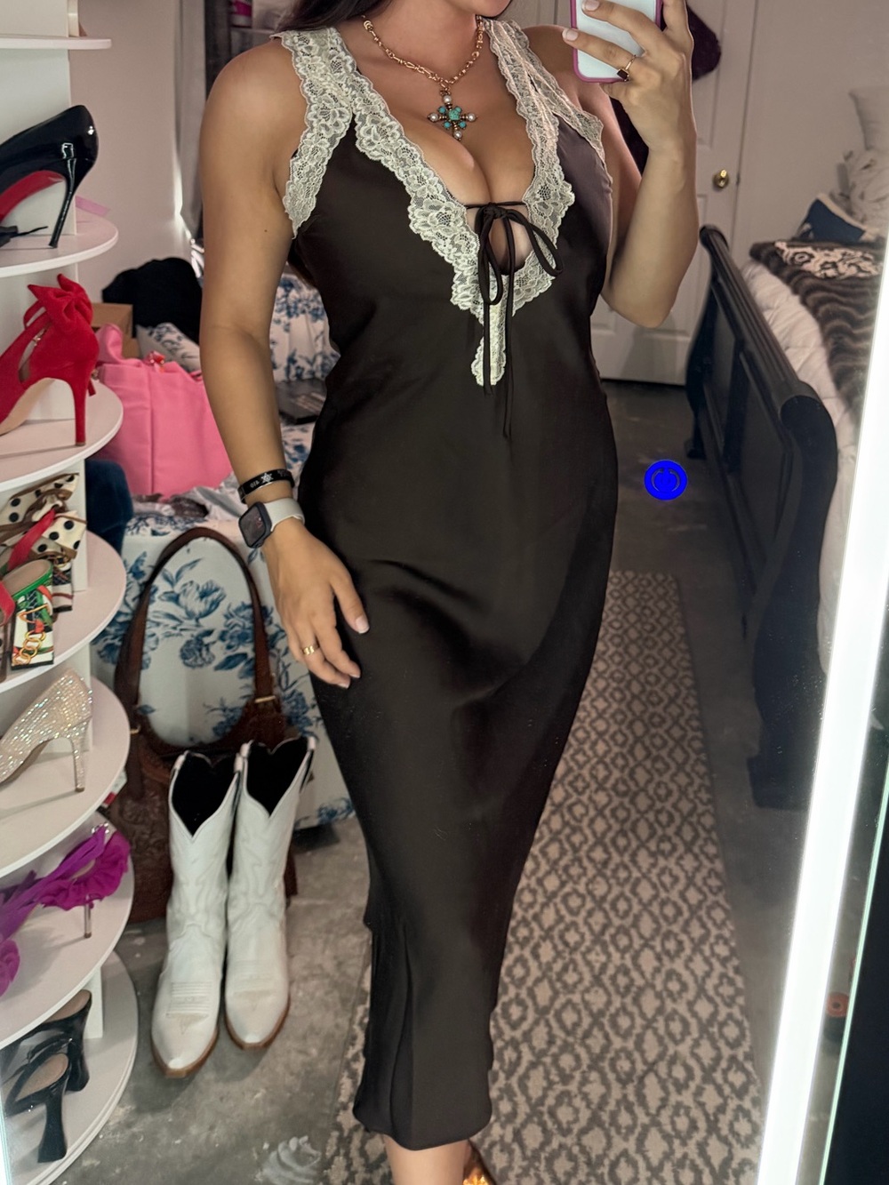 Satin Lace-Trim Slip Dress in Dark Brown